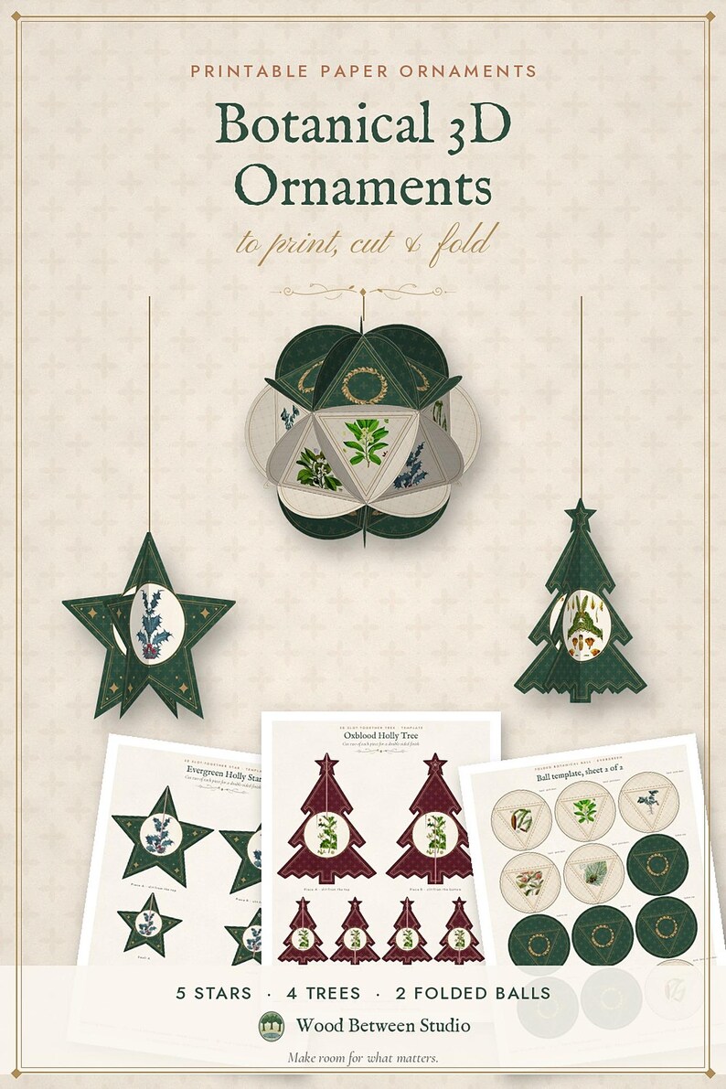 3D Paper Ornaments Printable, Botanical Star and Christmas Tree Decorations, DIY Holiday Papercraft Template image 8
