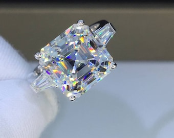 Moissanite Engagement Ring Five Carats Colorless VVS1 Baguette Three Stone Asscher Cut 14K 18K White Gold Rose Gold Yellow Gold Platinum