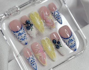 Lemon Blueberry Press On Nails | 3D Designs + Tile Art | Hand Painted Gel Nails | Haiinails