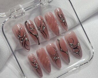 Silver Blush Press on nails | Chrome Art + Cat Eye | Hand Painted Gel Nails | Haiinails