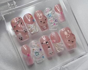 Miff Kawaii Press On Nails | 3D Design + Bunny | Hand Painted Gel Nails | Haiinails