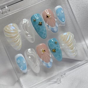 Sea Shell Dreams Press on Nails | Flowers + 3D Designs | Handmade Luxury Press On Nails | Custom Handpainted Nails | High Quality & Durable