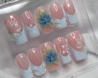 Floral Blues Press On Nails | 3D Flowers | Hand Painted Gel Nails | Haiinails