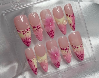 Pink Orchid Press On Nails | Aura + 3D flowers | Hand painted Gel Nails | Haiinails