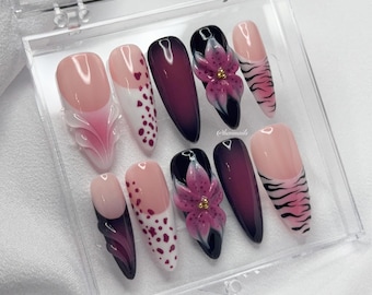 Blooming Fuchsia Press On Nails | Aura + 3D Art | Hand Painted Gel Nails | Haiinails