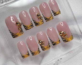 Tiger Tips Press On Nails | Aura + Gold Beads | Hand Painted Gel Nails | Haiinails