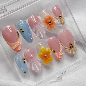 Sunset Bloom Press on Nails | Flowers + 3D Designs | Handmade Luxury Press On Nails | Custom Handpainted Nails | High Quality & Durable