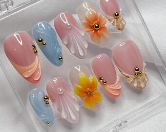 Sunset Bloom Press On Nails | 3D Flowers + Shells | Hand Painted Gel Nails | haiinails