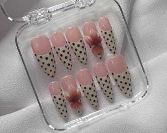 Dotted Press on nails | Polka Dots + 3D Flowers | Hand Painted Luxury Gel Nails | Haiinails