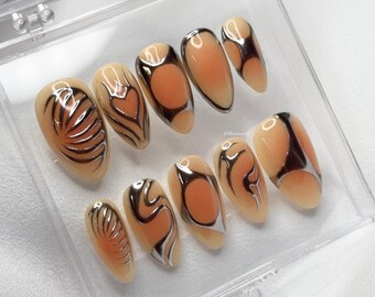 Cyber Orange Press On Nails | Aura + Chrome | Hand Painted Gel Nails | Haiinails