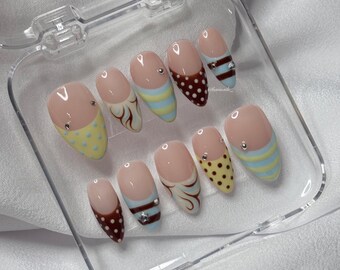 Y2K Dots & Stripes | Art Designs + Gems | Hand painted Gel Nails | Haiinails