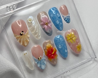Tropical Island Press On Nails | 3D Flowers & Designs | Hand Painted Gel Nails | Haiinails