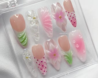 Spring Dream Press On Nails | 3D Art + Flowers | Hand Painted Gel Nails | Haiinails