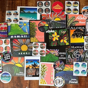 ENTIRE Postcard, Aloha Sticker, and Vinyl Sticker Collection that is available from Lacey Artworks - 34 piece set
