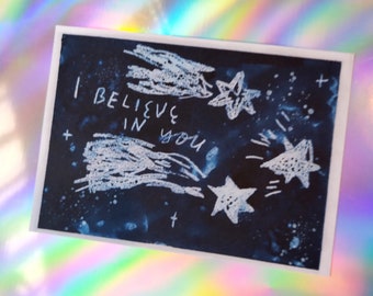 I Believe in You - watercolour + wax-resist art print - A6 / 4"x6" - shooting star, space, astronomy