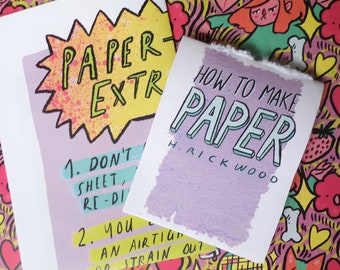 May include: Two paperbacks with colorful covers. The top book is titled "PAPER-EXTR" and has instructions on how to make paper. The bottom book is titled "HOW TO MAKE PAPER" by H. RICKWOOD.