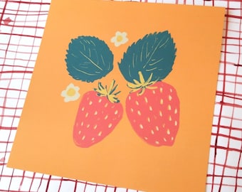 Summertime Strawberry - art print - 210mm Square - cottagecore