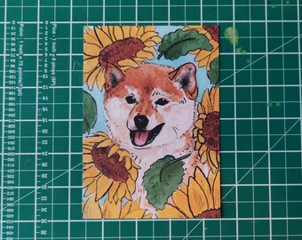 Sunflower Shibe - floral shiba inu art print - matte high quality - A6 / 6"x4"