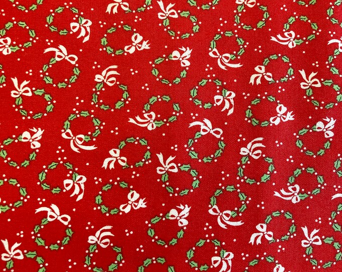 Merry and Bright Quilt Fabric, Wreath Toss on Red by the Yard