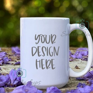 15oz Coffee Mug Mockup, White Mug Mockup Summer Outdoors Background, Product Mockup Stock Photo, Flowers Spring Outside Coffee Cup Mockup