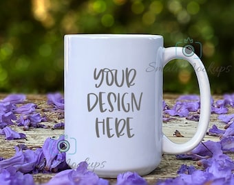 15oz Coffee Mug Mockup, White Mug Mockup Summer Outdoors Background, Product Mockup Stock Photo, Flowers Spring Outside Coffee Cup Mockup