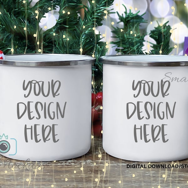 Enamel Mug Mockup, Christmas Couples Winter Mockup Set, Two Camping Mugs, His and Hers Mugs, Tin White Campfire Cup, Hot Chocolate Caps