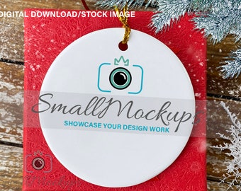 Ceramic Ornament Mockup, White Round Christmas Ornament Mockup, Blank Ornament Graphic Design Mockup, Xmas Ornament Gold Ribbon Photo Stock