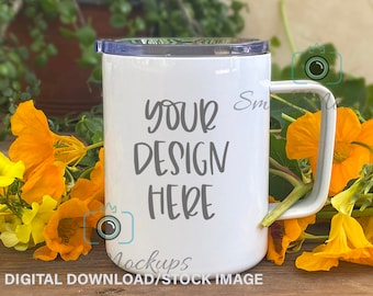 Mockup reismok van 10 oz: bloemen, roestvrijstalen kampmok (digitale download)