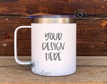 Travel Mug with Lid Mockup, Rustic Stainless Steel Mug MOCKUP PHOTO, White Coated Insulated Coffee Mug with Handle, 15oz Sublimation Mug