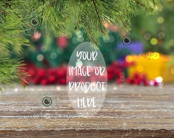 Christmas Mockup Background, Ornament Branches Backdrop, Christmas Tree Rustic Table Photo, Holiday Product Display, Digital Winter Mockup