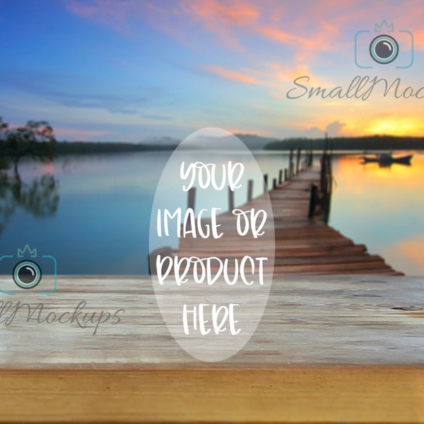 Sunset Nature Product Background, Lake Zen Shelf Blank Mockup, Rustic Table Summer Product Mug Background, Outdoors Stock Photo Background