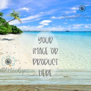 Tropical Island Product Background Mockup, Beach Summer Blank Outdoors Rustic Table Digital Background, Sticker Photo Background