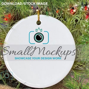 Ornament Mockup, Round Ceramic Christmas Ornament Mockup, White Ornament Christmas Tree Lights Mock Up, Transparent PNG Outdoors Photo Stock