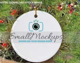 Ornament Mockup, Round Ceramic Christmas Ornament Mockup, White Ornament Christmas Tree Lights Mock Up, Transparent PNG Outdoors Photo Stock