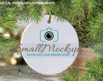 Christmas Ornament Mockup, Ceramic Ornament Mockup, Round Blank White Ornament Graphic Design Mock Up, Outdoors Xmas Tree Photo Stock