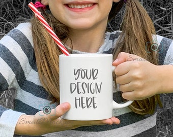 Girl Mug Mockup, Hot Chocolate White Mug, Outdoors Cocoa 11oz  Kids Mug Mockup, School Girl With Cup Mockup, Styled Stock Photography