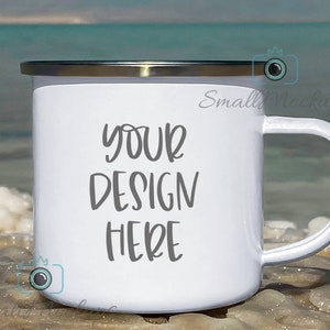 Summer Enamel Mug Mockup, Camping Mug Mockup, Beach Outdoors Background, Sea White Campfire Cup, Ocean View Camp Cup, Coffee Cup Mockup
