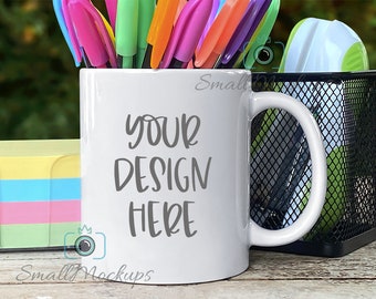 Office 11oz Mug Mockup, Product Mockup, Back To School Pens White Mug Mockup, Teacher Desk Coffee Mug Mockup, Student Kids Table Cup Mockup