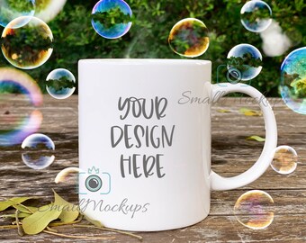Mockup de la taza en blanco, burbujas al aire libre 11oz taza de café mockup, blanco taza de mockup, café de primavera taza de mockup, estilo de la taza rústica de la taza de la foto