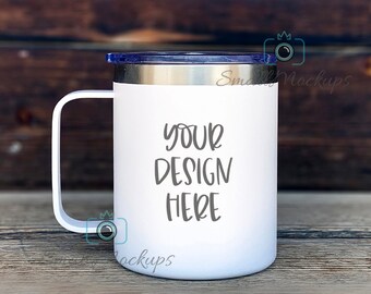 Travel Mug with Lid Mockup, Rustic Stainless Steel Camp Mug MOCKUP PHOTO, White Coated Insulated Coffee Mug with Handle, 15oz Tumbler Mug