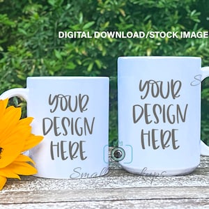 Mug Size Chart , Mug Measurements, 15oz & 11oz Coffee Cup Mock up, Mug Size Mock Up, Two White Coffee Mugs Mockup Photo Sunflower Background