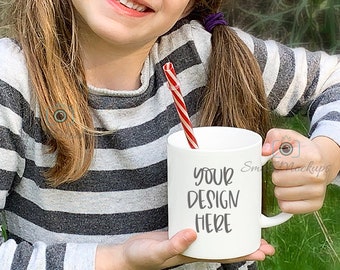 Little Girl Mug Mockup, Hot Chocolate White Mug, Cocoa 11oz  Kids Mug Mockup, School Girl With Cup Mockup, Outdoors Styled Stock Photography