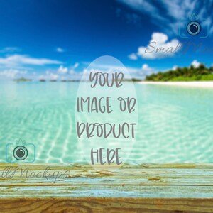 Blue Ocean Product Background Mockup, Beach Summer Blank Outdoors Rustic Table Digital Background, Tropical Island Sticker Photo Background