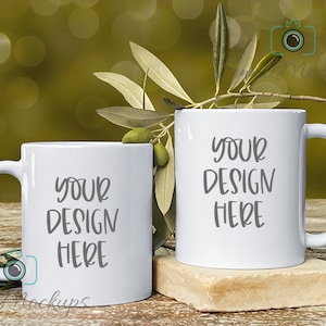 11oz Two White Coffee Mugs Set, Couples Mockup Coffee Mugs Mockup Photo, His and Hers Matching Mugs Mockup, Olive Tree Outdoors Background