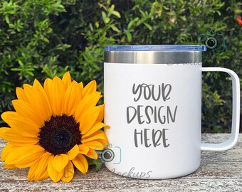 Travel Mug with Lid Mockup, Sunflower Stainless Steel Camp Mug MOCKUP PHOTO, White Coated Insulated Coffee Mug with Handle, 15oz Tumbler Mug