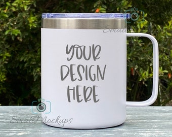Travel Mug with Lid Mockup, Outdoors Stainless Steel Camp Mug MOCKUP PHOTO, White Coated Insulated Coffee Mug with Handle, 15oz Tumbler Mug