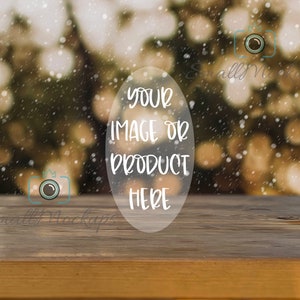Winter Snow Product Background Mockup, Christmas Bokeh Background Shelf Product Display, Outdoors Table Sticker Mockup Stock Photography
