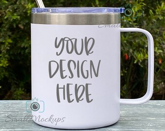 Travel Mug with Lid Mockup, Outdoors Stainless Steel Mug MOCKUP PHOTO, White Coated Insulated Coffee Mug with Handle, 15oz Sublimation Mug