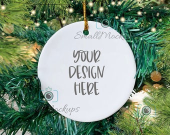 Ornament Mockup Gold String, Round Ceramic Christmas Ornament Mockup, White Ornament Christmas Tree Mock Up, Transparent PNG Photo Stock