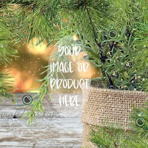 May include: A burlap sack filled with green foliage, with a clear circle overlay that says "Your Image or Product Here". The sack is sitting on a rustic wooden surface with a snowy background.
